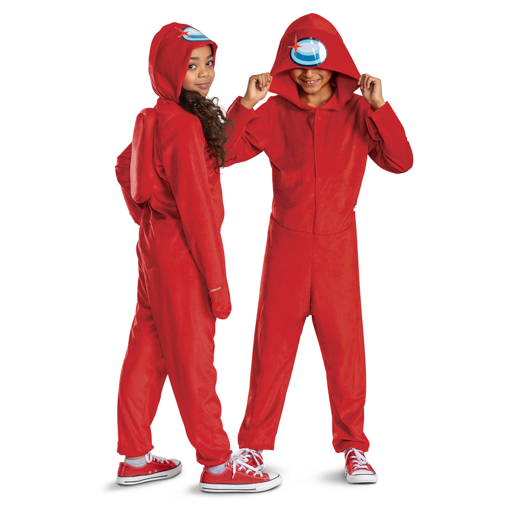 Kids wearing the Kids Among Us Red Impostor Hooded Jumpsuit Costume featuring  a full‑body red jumpsuit designed with a soft, velour‑style fabric for a smooth and slightly textured finish, styled in the signature rounded shape of an Among Us crewmate. The costume includes a front zipper closure for easy wear, long sleeves, and relaxed pant legs for comfortable movement. An attached hood features a printed blue visor graphic with highlight detail, while a padded “backpack” panel is sewn onto the back 