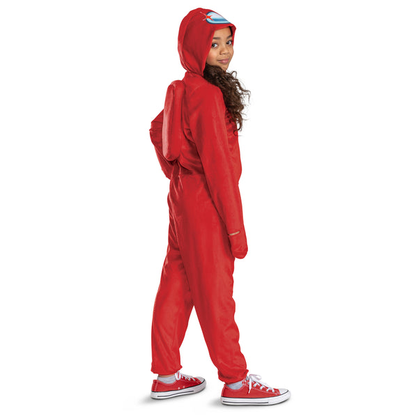 Side of girl wearing the Kids Among Us Red Impostor Hooded Jumpsuit Costume featuring  a full‑body red jumpsuit designed with a soft, velour‑style fabric for a smooth and slightly textured finish, styled in the signature rounded shape of an Among Us crewmate. The costume includes a front zipper closure for easy wear, long sleeves, and relaxed pant legs for comfortable movement. An attached hood features a printed blue visor graphic with highlight detail, while a padded “backpack” panel is sewn onto the back
