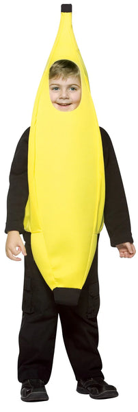 Boy in Banana Costume Featuring a bright yellow banana-shaped tunic with a smooth fabric finish and a curved silhouette that tapers toward the top and bottom, accented by dark brown tips to mimic a real banana peel. The costume includes a front oval face opening and wide arm openings