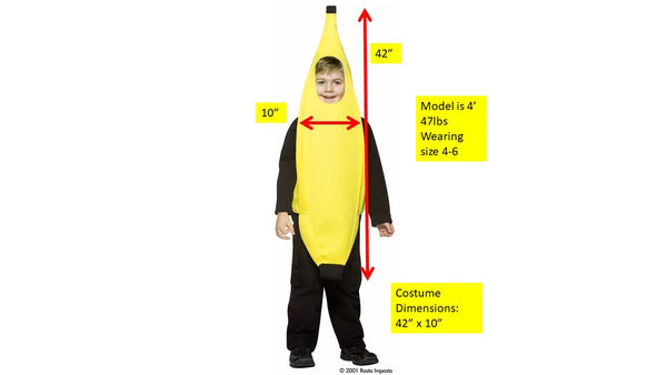Kids Banana Costume Size 4-6, size chart and measurements