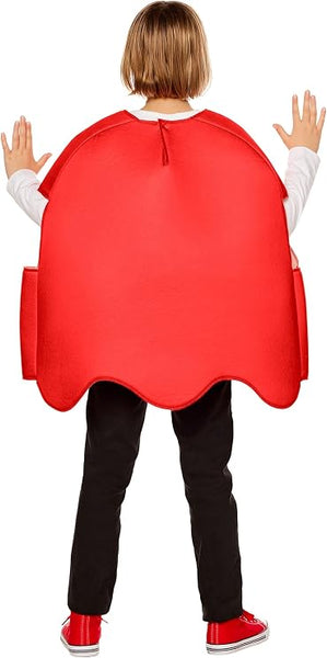 Back of child in the Kids Bandai Namco Pac-Man Blinky the Red Ghost Costume
Featuring a bright red rounded body with a scalloped lower edge, oversized white eyes with blue pupils printed on the front, side arm openings, and a pullover design that creates the character's recognizable arcade game silhouette.