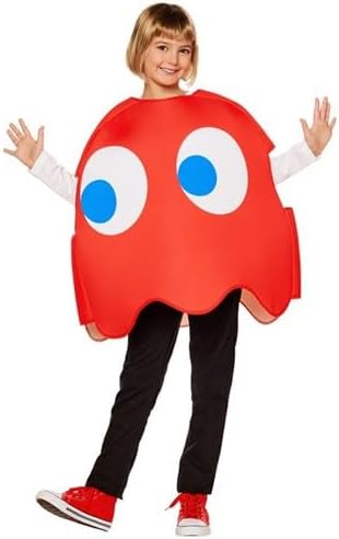Child posing in the Kids Bandai Namco Pac-Man Blinky the Red Ghost Costume
Featuring a bright red rounded body with a scalloped lower edge, oversized white eyes with blue pupils printed on the front, side arm openings, and a pullover design that creates the character's recognizable arcade game silhouette.