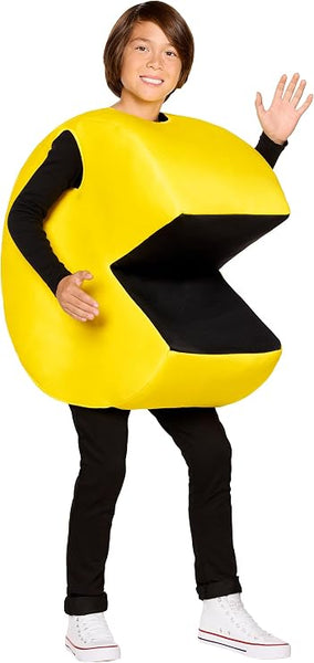 Boy posing in Kids Bandai Namco Pac-Man Costume Featuring a tunic designed to resemble the iconic Pac-Man character, with a bright yellow circular body, a large wedge-shaped mouth opening lined in black, and a padded three-dimensional shape that recreates the classic arcade game appearance.
Pants, shirt, and shoes shown are not included