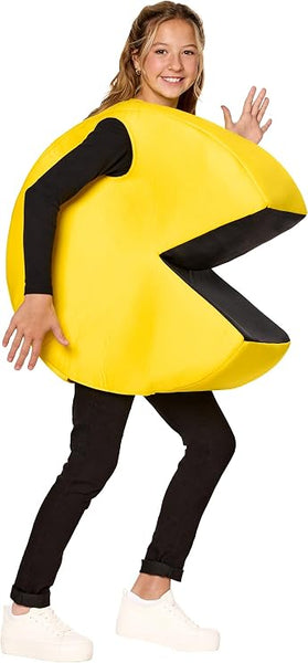 Girl posing in Kids Bandai Namco Pac-Man Costume Featuring a tunic designed to resemble the iconic Pac-Man character, with a bright yellow circular body, a large wedge-shaped mouth opening lined in black, and a padded three-dimensional shape that recreates the classic arcade game appearance.
Pants, shirt, and shoes shown are not included