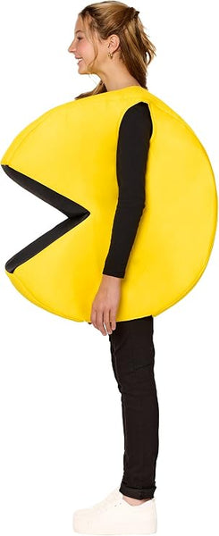 Girl side view in Kids Bandai Namco Pac-Man Costume Featuring a tunic designed to resemble the iconic Pac-Man character, with a bright yellow circular body, a large wedge-shaped mouth opening lined in black, and a padded three-dimensional shape that recreates the classic arcade game appearance.
Pants, shirt, and shoes shown are not included