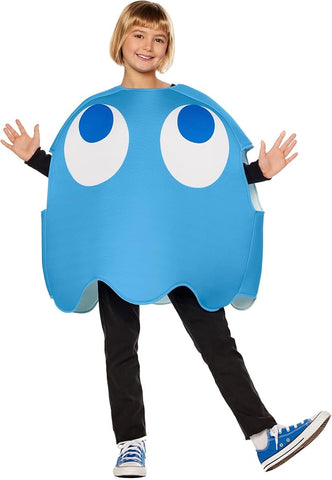 Girl posing in the Kids Bandai Namco Pac-Man Inky the Blue Ghost Costume 
Featuring a sleeveless sandwich board-style foam-supported tunic designed to resemble Inky, the blue ghost from Pac-Man, with a light blue body, oversized white eyes with dark blue pupils printed on the front, arm openings at the sides, and a scalloped lower edge that recreates the character's classic arcade game silhouette.