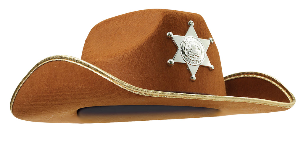 Kids Brown Cowboy Hat with Sheriff Star Badge Featuring a brown molded cowboy hat with a classic curved brim and pinched crown, finished with a gold trim edge along the brim and a silver-tone sheriff star badge affixed to the front, displaying engraved detail and a raised five-point star design.