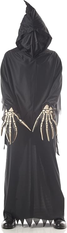 Child in the Kids Deluxe Grim Reaper Costume Featuring a long black robe with a full-length silhouette and jagged-cut edges at the hem and sleeves, paired with an attached hooded cape that includes a built-in face cover creating a shadowed front, along with a set of vinyl skeleton hands designed with bone detailing.