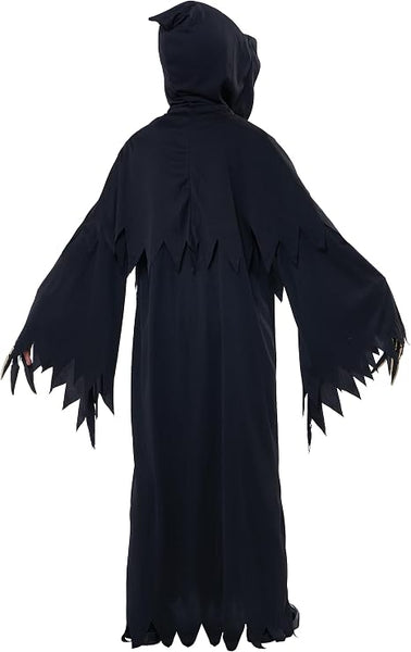 Back of Kids Deluxe Grim Reaper Costume Featuring a long black robe with a full-length silhouette and jagged-cut edges at the hem and sleeves, paired with an attached hooded cape that includes a built-in face cover creating a shadowed front, along with a set of vinyl skeleton hands designed with bone detailing.