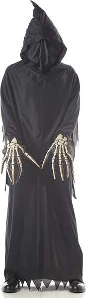 Child in the Kids Deluxe Grim Reaper Costume Featuring a long black robe with a full-length silhouette and jagged-cut edges at the hem and sleeves, paired with an attached hooded cape that includes a built-in face cover creating a shadowed front, along with a set of vinyl skeleton hands designed with bone detailing.
