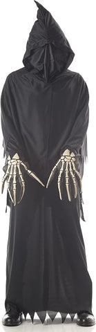 Child in the Kids Deluxe Grim Reaper Costume Featuring a long black robe with a full-length silhouette and jagged-cut edges at the hem and sleeves, paired with an attached hooded cape that includes a built-in face cover creating a shadowed front, along with a set of vinyl skeleton hands designed with bone detailing.
