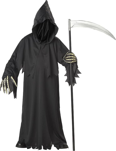 Child in the Kids Deluxe Grim Reaper Costume Featuring a long black robe with a full-length silhouette and jagged-cut edges at the hem and sleeves, paired with an attached hooded cape that includes a built-in face cover creating a shadowed front, along with a set of vinyl skeleton hands designed with bone detailing., holding scythe that is sold separately