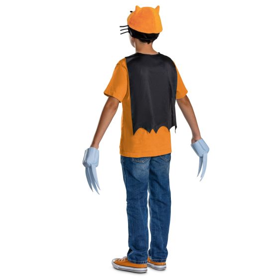 Back of Child posing in the Kids Dog Man Cat Kid Costume Accessory Kit 
Featuring a black cape with a pointed, batwing-style hem and a printed “Cat Kid” emblem at the neckline, this accessory kit also includes an orange headpiece with attached cat ears, mesh eye panels, and black whisker detailing extending from each side. The set is completed with a pair of felt claw gloves designed with extended pointed shapes.