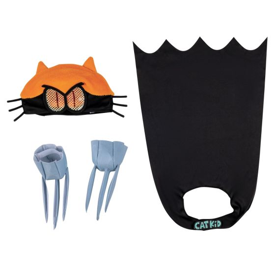 Kids Dog Man Cat Kid Costume Accessory Kit Featuring a black cape with a pointed, batwing-style hem and a printed “Cat Kid” emblem at the neckline, this accessory kit also includes an orange headpiece with attached cat ears, mesh eye panels, and black whisker detailing extending from each side. The set is completed with a pair of felt claw gloves designed with extended pointed shapes.