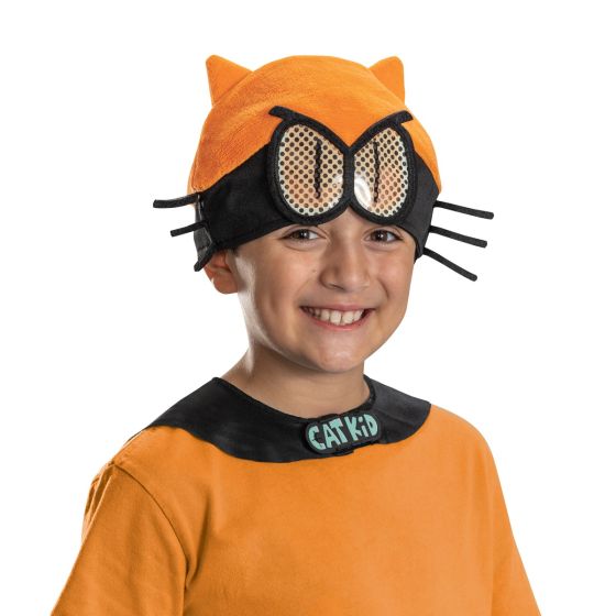 Close of up the Kids Dog Man Cat Kid Costume Accessory Kit 
Featuring a black cape with a pointed, batwing-style hem and a printed “Cat Kid” emblem at the neckline, this accessory kit also includes an orange headpiece with attached cat ears, mesh eye panels, and black whisker detailing extending from each side. The set is completed with a pair of felt claw gloves designed with extended pointed shapes.