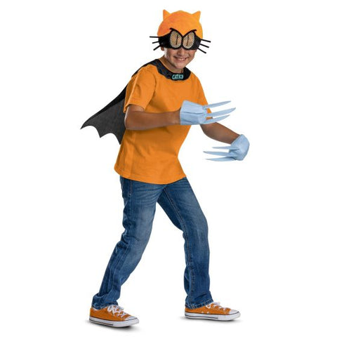 Child posing in the Kids Dog Man Cat Kid Costume Accessory Kit 
Featuring a black cape with a pointed, batwing-style hem and a printed “Cat Kid” emblem at the neckline, this accessory kit also includes an orange headpiece with attached cat ears, mesh eye panels, and black whisker detailing extending from each side. The set is completed with a pair of felt claw gloves designed with extended pointed shapes.