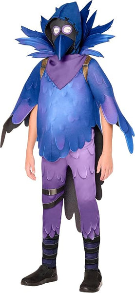 Child in the Kids Fortnite Corvus Costume Features a blue and purple tunic designed with layered feather-shaped panels, matching purple pants with scalloped feather details, wing-like sleeves extending from the arms, and an attached hood. The costume includes matching pants with printed details, a purple bandana, a mask with a long bird-like beak, mesh-covered eye openings, and a collar with dramatic blue feather-style collar pieces around the neck and shoulders