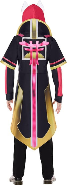 Back of Child in the Kids Fortnite Drift Robe Costume Featuring a long black robe-style coat with printed geometric details on the front, sleeves in gold trim, and bright pink accent panels, with wide lapels and continued design in the back with an attached hood. Also included is a white fox-style mask featuring pink and gold markings, pointed ears, and angular eye openings.