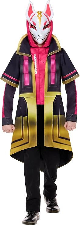 Child posed in the Kids Fortnite Drift Robe Costume Featuring a long black robe-style coat with printed geometric details on the front, sleeves in gold trim, and bright pink accent panels, with wide lapels and continued design in the back with an attached hood. Also included is a white fox-style mask featuring pink and gold markings, pointed ears, and angular eye openings.