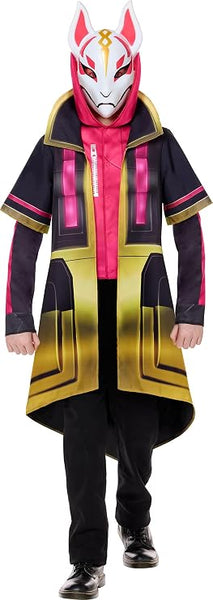 Child posed in the Kids Fortnite Drift Robe Costume Featuring a long black robe-style coat with printed geometric details on the front, sleeves in gold trim, and bright pink accent panels, with wide lapels and continued design in the back with an attached hood. Also included is a white fox-style mask featuring pink and gold markings, pointed ears, and angular eye openings.