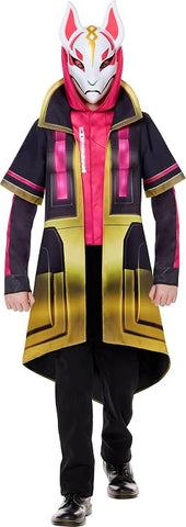 Child posed in the Kids Fortnite Drift Robe Costume Featuring a long black robe-style coat with printed geometric details on the front, sleeves in gold trim, and bright pink accent panels, with wide lapels and continued design in the back with an attached hood. Also included is a white fox-style mask featuring pink and gold markings, pointed ears, and angular eye openings.