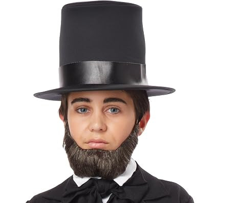 Boy in the Kids Honest Abe Abraham Lincoln Costume Beard Featuring a brown synthetic costume beard designed in a short, neatly contoured chin curtain style with full coverage along the jawline and chin, leaving the upper lip exposed