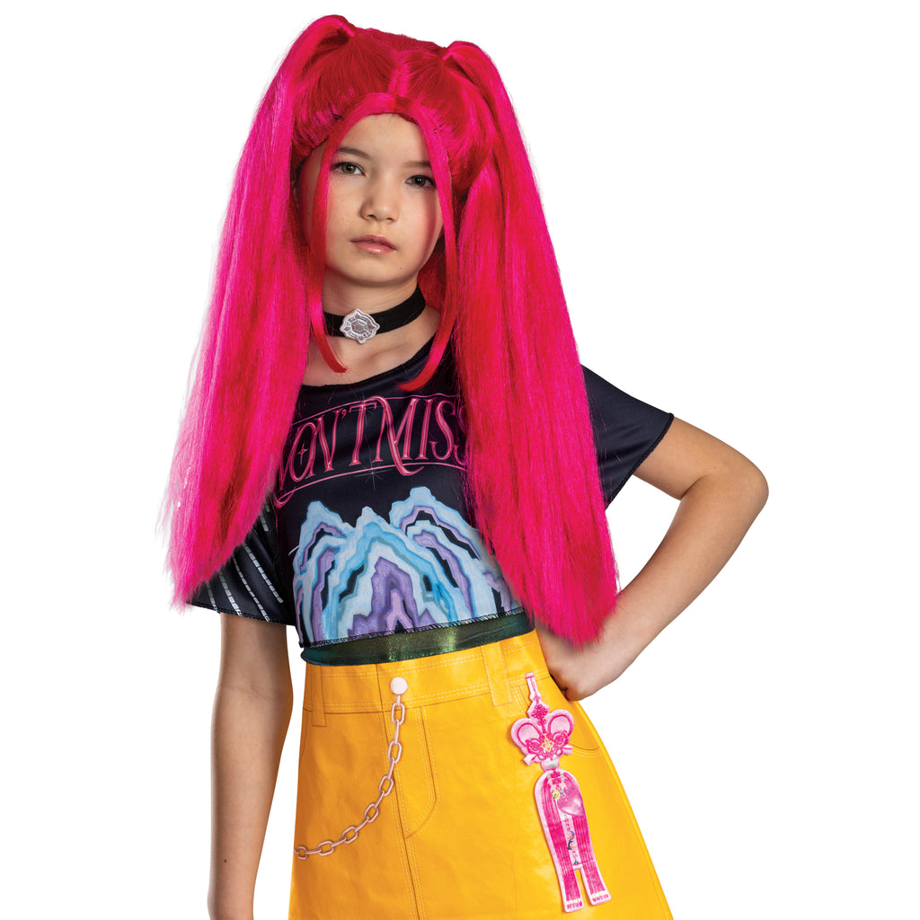 Girl modeling the Kids K-Pop Demon Hunters Mira Costume Wig featuring a long, vibrant hot‑pink synthetic wig styled with smooth, straight strands that fall well past the shoulders for a dramatic, high‑impact silhouette. The design includes two upper ponytail sections that frame the top while the rest of the hair flows freely down the back, creating a layered, performance‑ready look with soft volume and movement throughout