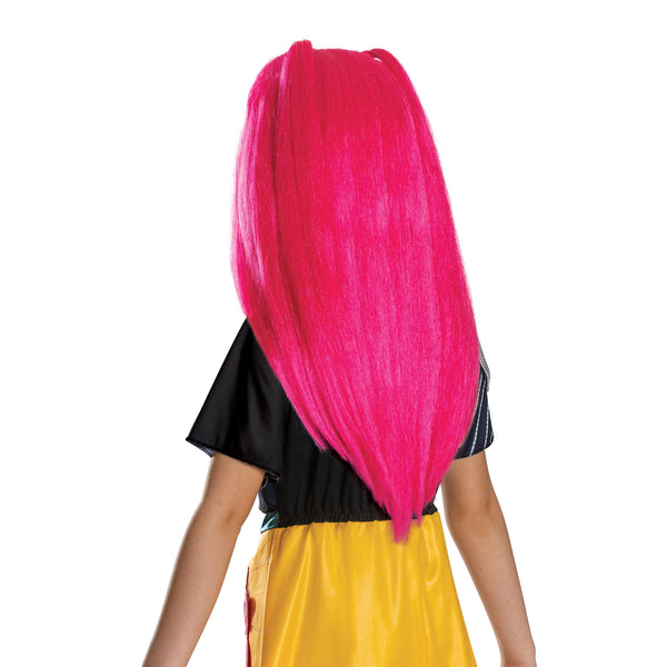 Back of Girl modeling the Kids K-Pop Demon Hunters Mira Costume Wig featuring a long, vibrant hot‑pink synthetic wig styled with smooth, straight strands that fall well past the shoulders for a dramatic, high‑impact silhouette. The design includes two upper ponytail sections that frame the top while the rest of the hair flows freely down the back, creating a layered, performance‑ready look with soft volume and movement throughout