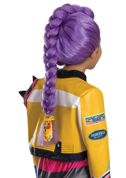 Back of Girl wearing the Girls K-Pop Demon Hunters Rumi Costume featuring a vibrant purple synthetic wig styled with a thick, sculpted braid that runs from the crown and down the back, creating a bold, structured silhouette. The wig is designed with smooth, sleek fibers at the top for a polished look, transitioning into a voluminous braided section that adds dimension and movement. The braid is finished with a decorative band accent, giving the overall style a detailed, character‑inspired finish