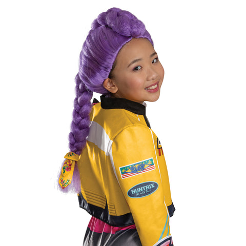 Girl wearing the Girls K-Pop Demon Hunters Rumi Costume featuring a vibrant purple synthetic wig styled with a thick, sculpted braid that runs from the crown and down the back, creating a bold, structured silhouette. The wig is designed with smooth, sleek fibers at the top for a polished look, transitioning into a voluminous braided section that adds dimension and movement. The braid is finished with a decorative band accent, giving the overall style a detailed, character‑inspired finish