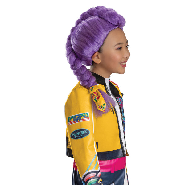 Side view of Girl wearing the Girls K-Pop Demon Hunters Rumi Costume featuring a vibrant purple synthetic wig styled with a thick, sculpted braid that runs from the crown and down the back, creating a bold, structured silhouette. The wig is designed with smooth, sleek fibers at the top for a polished look, transitioning into a voluminous braided section that adds dimension and movement. The braid is finished with a decorative band accent, giving the overall style a detailed, character‑inspired finish