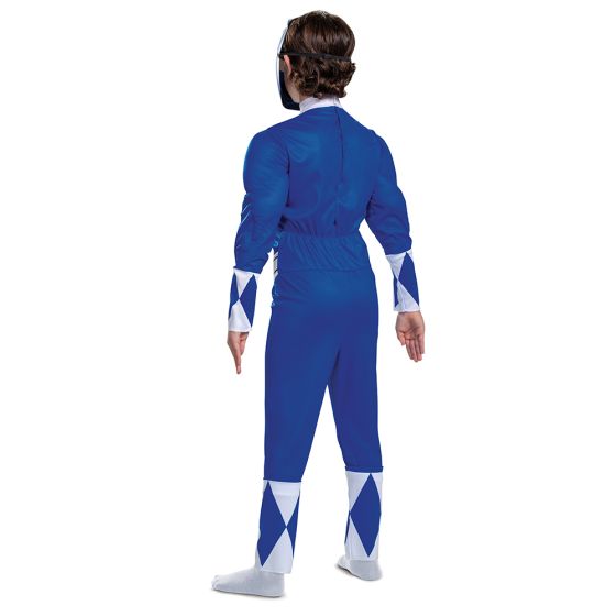 Back of Child in Kids Mighty Morphin Power Rangers Blue Ranger Muscle Costume Featuring a full-length blue jumpsuit with printed white diamond patterns across the chest and sleeves, this costume includes padded muscle detailing in the torso and arms for a sculpted appearance. The design incorporates an attached belt at the waist with a circular emblem at the center and is paired with a molded character mask featuring a dinosaur-inspired helmet design with a black visor and silver detailing.