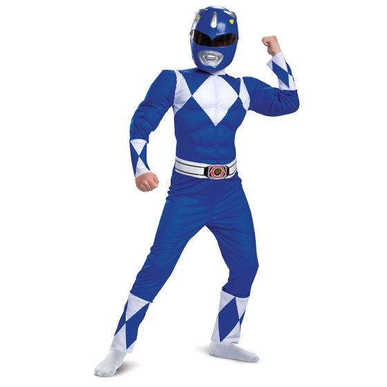 Child in Kids Mighty Morphin Power Rangers Blue Ranger Muscle Costume Featuring a full-length blue jumpsuit with printed white diamond patterns across the chest and sleeves, this costume includes padded muscle detailing in the torso and arms for a sculpted appearance. The design incorporates an attached belt at the waist with a circular emblem at the center and is paired with a molded character mask featuring a dinosaur-inspired helmet design with a black visor and silver detailing.