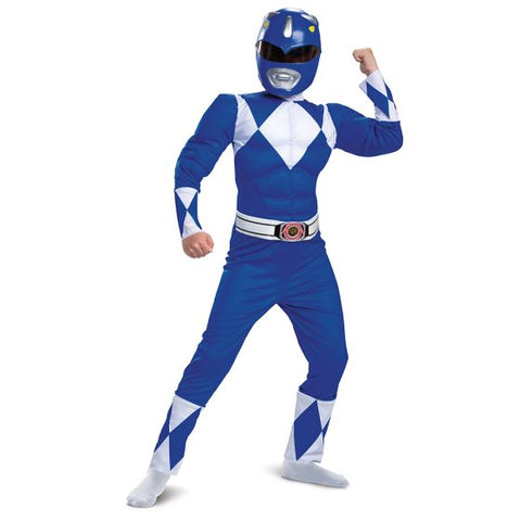 Child in Kids Mighty Morphin Power Rangers Blue Ranger Muscle Costume Featuring a full-length blue jumpsuit with printed white diamond patterns across the chest and sleeves, this costume includes padded muscle detailing in the torso and arms for a sculpted appearance. The design incorporates an attached belt at the waist with a circular emblem at the center and is paired with a molded character mask featuring a dinosaur-inspired helmet design with a black visor and silver detailing.