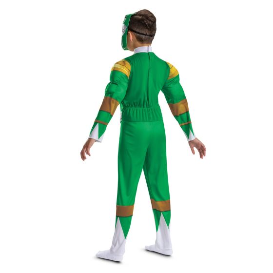Kids Mighty Morphin Power Rangers Green Ranger Muscle Costume
Featuring a full-length green jumpsuit with printed armor detailing, this costume includes padded muscle sculpting in the torso and arms to create a defined look. The design incorporates gold shield-style chest elements, brown arm bands, and white diamond accents at the gloves and boot covers, along with an attached belt graphic at the waist. The set is paired with a molded Green Ranger character mask featuring a dinosaur-inspired helmet design 