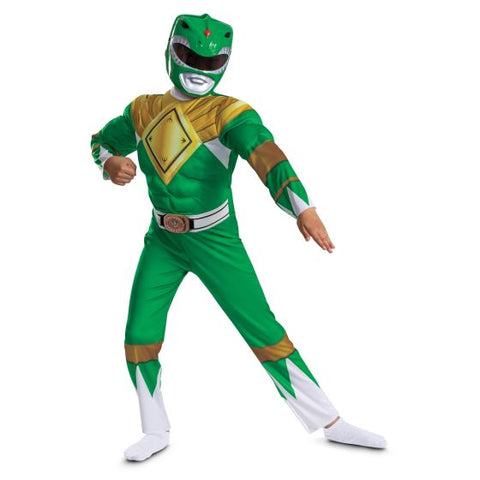 Kids Mighty Morphin Power Rangers Green Ranger Muscle Costume
Featuring a full-length green jumpsuit with printed armor detailing, this costume includes padded muscle sculpting in the torso and arms to create a defined look. The design incorporates gold shield-style chest elements, brown arm bands, and white diamond accents at the gloves and boot covers, along with an attached belt graphic at the waist. The set is paired with a molded Green Ranger character mask featuring a dinosaur-inspired helmet design 