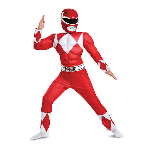 Child posing in Kids Mighty Morphin Power Rangers Red Ranger Muscle Costume featuring a full‑body red jumpsuit designed with built‑in padded muscle detailing across the chest, arms, and torso for a strong, hero‑ready silhouette. The suit is styled with the iconic white diamond chest pattern, matching diamond accents at the wrists and calves, and an attached belt graphic with a detailed Power Rangers emblem at the center. The costume includes a molded Red Ranger helmet mask w/ a glossy finish and black visor