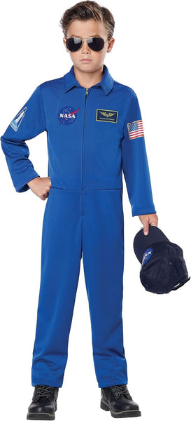 Boy in the Kids NASA Astronaut Jumpsuit Costume Featuring a one-piece blue jumpsuit with a front zipper closure, long sleeves, and a pointed collar, decorated with multiple printed space mission patches including a NASA logo on the chest, an American flag patch on the upper arm, and a shuttle insignia on the sleeve, designed with a straight-leg fit and matching cap