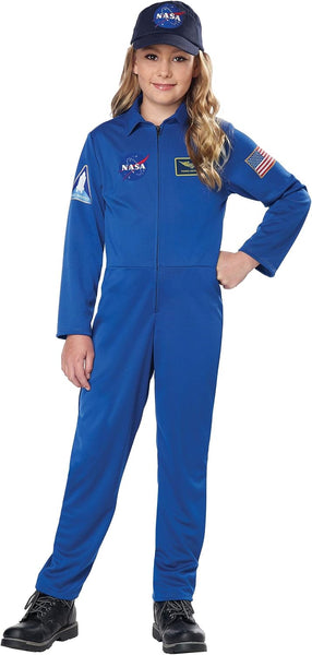 Girl in the Kids NASA Astronaut Jumpsuit Costume Featuring a one-piece blue jumpsuit with a front zipper closure, long sleeves, and a pointed collar, decorated with multiple printed space mission patches including a NASA logo on the chest, an American flag patch on the upper arm, and a shuttle insignia on the sleeve, designed with a straight-leg fit and matching cap