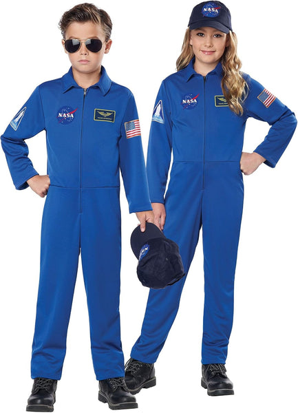Children posing in the Kids NASA Astronaut Jumpsuit Costume Featuring a one-piece blue jumpsuit with a front zipper closure, long sleeves, and a pointed collar, decorated with multiple printed space mission patches including a NASA logo on the chest, an American flag patch on the upper arm, and a shuttle insignia on the sleeve, designed with a straight-leg fit and matching cap