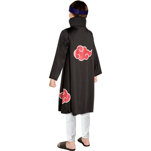 Back of boy in the Kids Naruto Shippuden Akatsuki Costume Featuring a long black robe with wide sleeves, a high stand-up collar, and a front opening trimmed with red piping, decorated with large red cloud graphics outlined in white across the front and back, paired with a reversible headband featuring a metallic-look plate with engraved detailing attached to a dark fabric band.