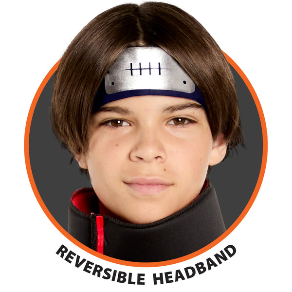 Close up of the headband from the Kids Naruto Shippuden Akatsuki Costume Featuring a reversible headband featuring a metallic-look plate with engraved detailing attached to a dark fabric band.