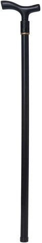 Kids Old Man or Old Lady Walking Cane Costume Prop Accessory Featuring a lightweight black plastic cane prop measuring just under 27 inches in length, designed with a straight shaft, a curved T-style handle for easy grip, and a smooth finish with a small gold-tone accent ring near the top.