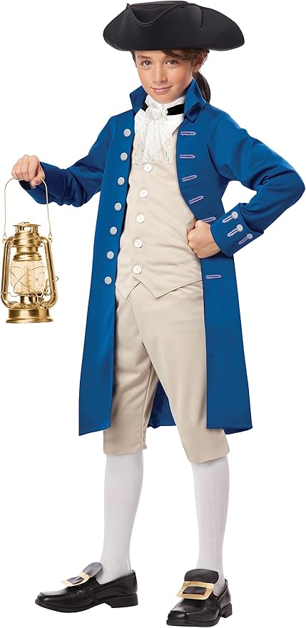 Boy in the Kids Paul Revere Colonial Costume Featuring a colonial-style costume set including a long blue topcoat with an attached beige vest panel and decorative buttons, matching beige knickers that fall just below the knee, a white cravat neck tie, a black tricorn hat with a wide brim, and a pair of elastic slip-on shoe buckles with gold-tone accents to complete the historical look.
