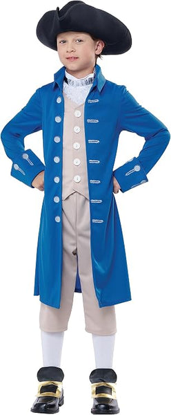 Boy in the Kids Paul Revere Colonial Costume Featuring a colonial-style costume set including a long blue topcoat with an attached beige vest panel and decorative buttons, matching beige knickers that fall just below the knee, a white cravat neck tie, a black tricorn hat with a wide brim, and a pair of elastic slip-on shoe buckles with gold-tone accents to complete the historical look.