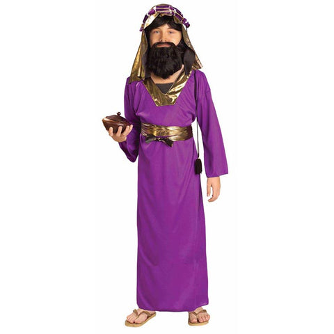 Kids Purple Biblical Wiseman Costume Featuring a full-length purple robe made from smooth fabric with a loose, flowing fit, long sleeves, and metallic gold trim along the neckline, paired with a matching headpiece styled with layered gold and purple fabric accents and a coordinating sash belt worn at the waist.