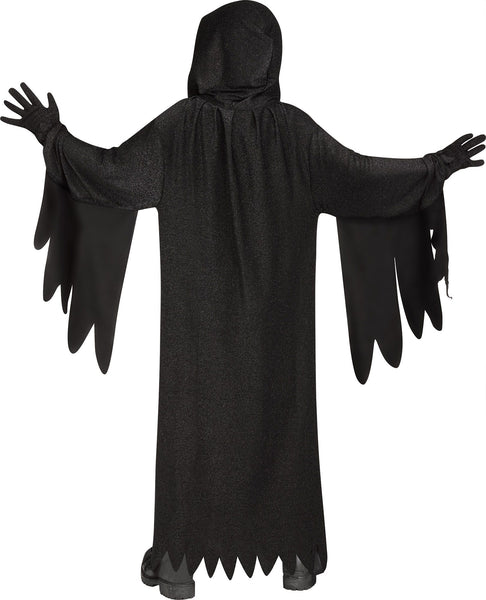Back of Kids Scream 25th Anniversary Ghost Face Costume featuring  full‑length black hooded robe designed with a wide, flowing silhouette, long draped sleeves, and jagged torn-style edges at the cuffs and hem, finished with a tie belt at the waist for a classic slasher look; the robe has a slightly textured, shimmering finish that catches light subtly, adding depth to the otherwise all‑black design. The costume includes black gloves and the iconic Ghost Face mask with the traditional elongated white face