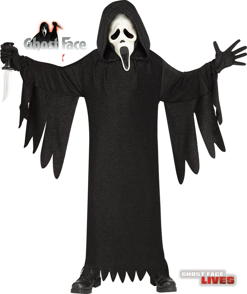 Kids Scream 25th Anniversary Ghost Face Costume featuring  full‑length black hooded robe designed with a wide, flowing silhouette, long draped sleeves, and jagged torn-style edges at the cuffs and hem, finished with a tie belt at the waist for a classic slasher look; the robe has a slightly textured, shimmering finish that catches light subtly, adding depth to the otherwise all‑black design. The costume includes black gloves and the iconic Ghost Face mask with the traditional elongated white face
