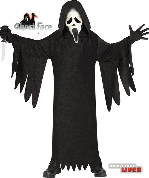Kids Scream 25th Anniversary Ghost Face Costume featuring  full‑length black hooded robe designed with a wide, flowing silhouette, long draped sleeves, and jagged torn-style edges at the cuffs and hem, finished with a tie belt at the waist for a classic slasher look; the robe has a slightly textured, shimmering finish that catches light subtly, adding depth to the otherwise all‑black design. The costume includes black gloves and the iconic Ghost Face mask with the traditional elongated white face