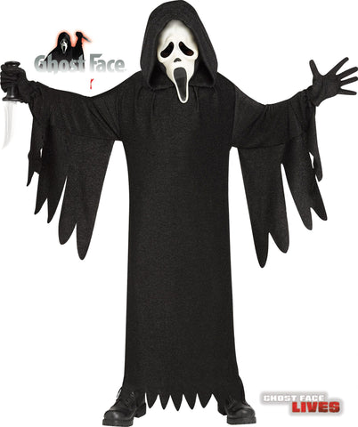 Kids Scream 25th Anniversary Ghost Face Costume featuring  full‑length black hooded robe designed with a wide, flowing silhouette, long draped sleeves, and jagged torn-style edges at the cuffs and hem, finished with a tie belt at the waist for a classic slasher look; the robe has a slightly textured, shimmering finish that catches light subtly, adding depth to the otherwise all‑black design. The costume includes black gloves and the iconic Ghost Face mask with the traditional elongated white face
